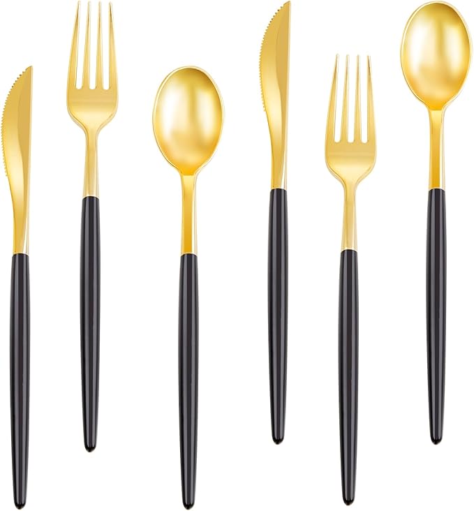 Rubtlamp 96 Pcs Gold Disposable Silverware, Plastic Cutlery, Gold Utensils Plastic with Black Handle Include 32Forks, 32Spoons, 32Knives for Party
