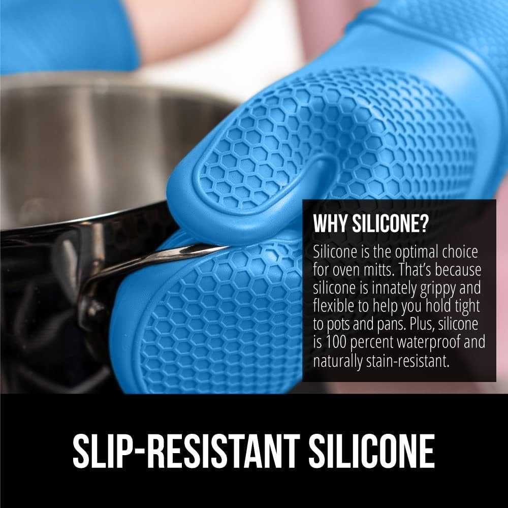 GORILLA GRIP BPA-Free Soft Silicone Oven Mitts, Heat Resistant and Waterproof Cooking Gloves, Thick Cotton Lining, Flexible Gripping for Baking Grilling, Kitchen Potholders Set of 2, 12.5x8.3, Aqua