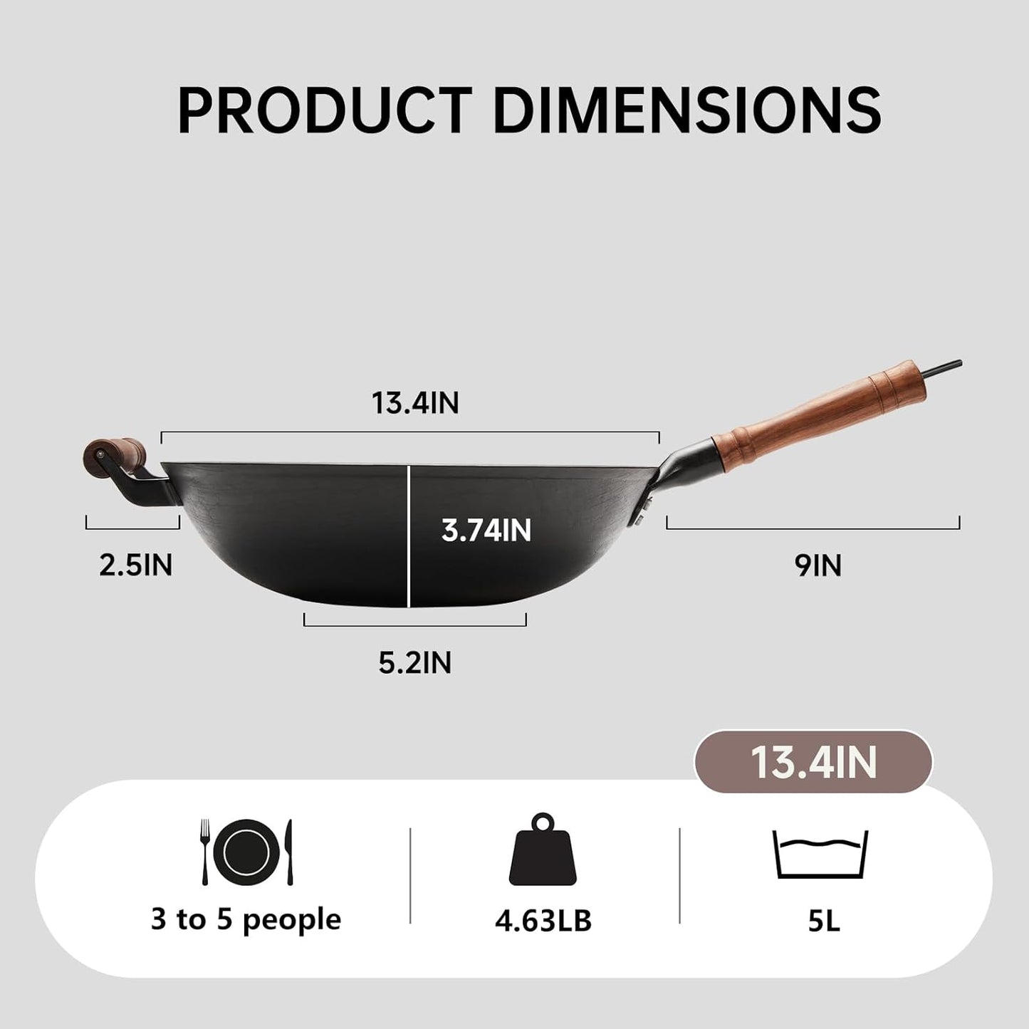 WANGYUANJI 13.4 Inch Cast Iron Wok with Glass Lid – Traditional Flat Bottom Chinese Wok, Heavy Duty Non-Coated Pan for Gas, Induction & Electric Stovetops, Black