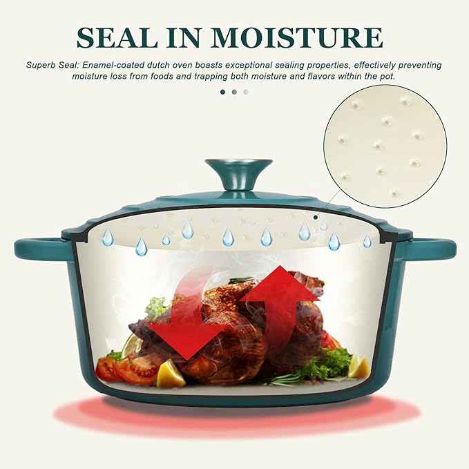Overmont Enameled Cast Iron Dutch Oven - 5.5QT Pot with Lid Cookbook & Cotton Potholders - Heavy-Duty Cookware for Braising, Stews, Roasting, Bread Baking bottle green