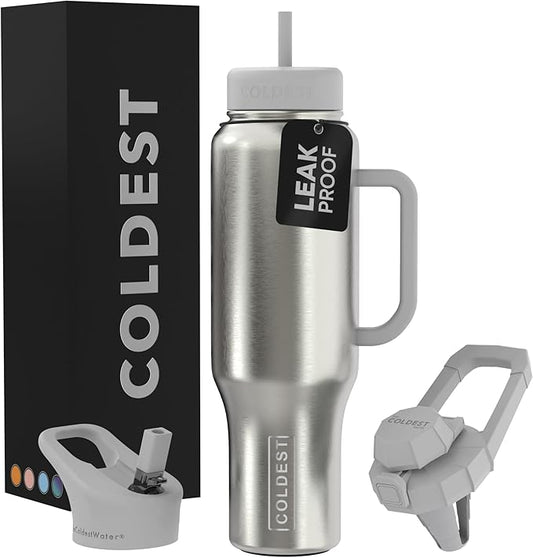 Coldest Tumbler with Handle and Straw - 100% Leak Proof Insulated Tumbler with Lid and Straw (3 Lids) - Stainless Steel Tumblers for Women & Men, Cup Holder Friendly Base, 46 oz (Polished Steel)