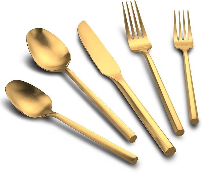 60-Piece Matte Gold Silverware Set, Hand Forged Utensil, Stainless Steel Flatware Set, Hexagon Handle Cutlery Set for Home Hotel Use, Service for 12