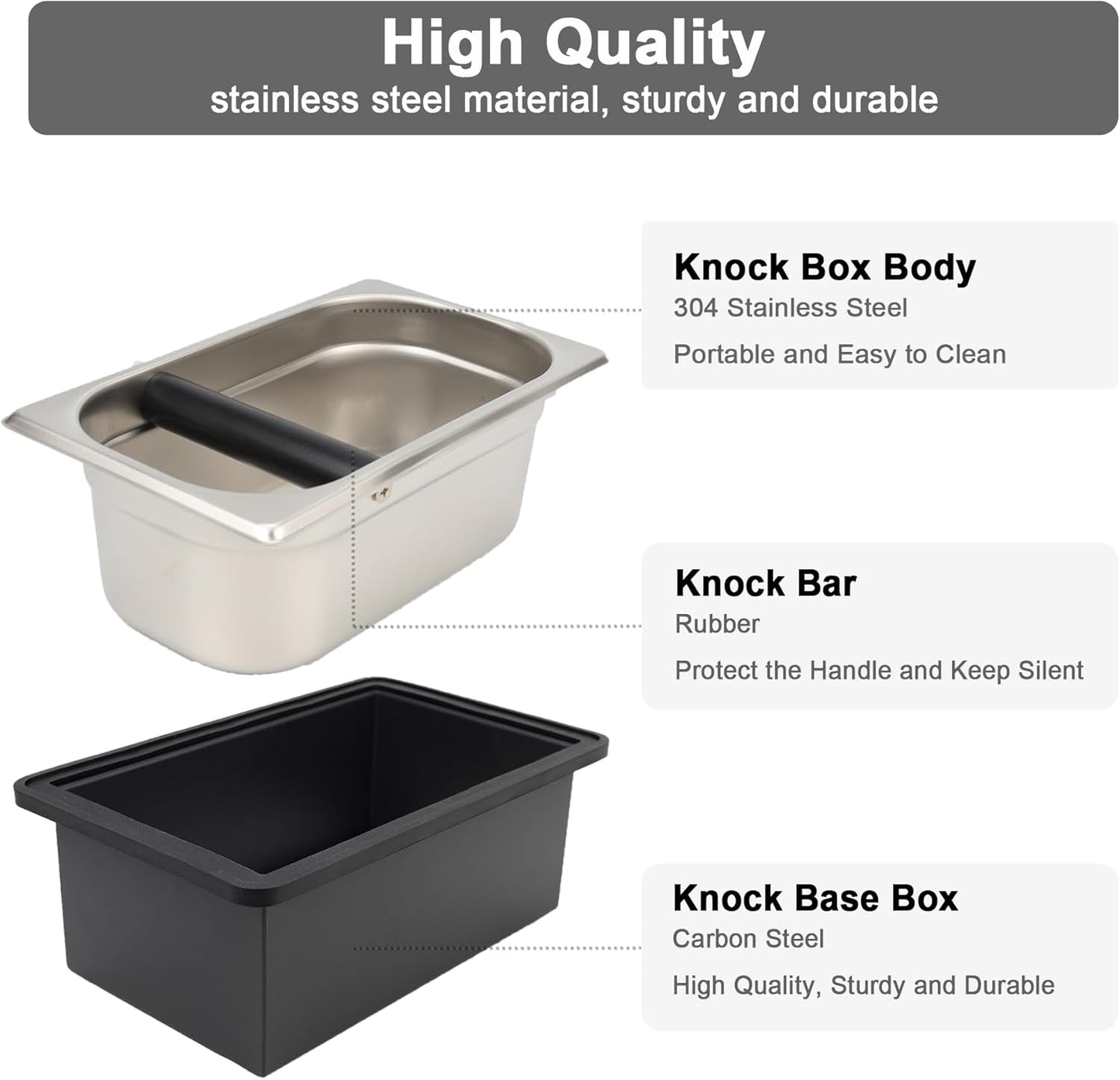 Espresso Knock Box, Coffee Knock Box for Espresso Grounds Disposal, Large Capacity, Equipped with Noise Reduction Rubber Ring & Steel Holder, Ideal Tool for Espresso Machines, Black (Large)