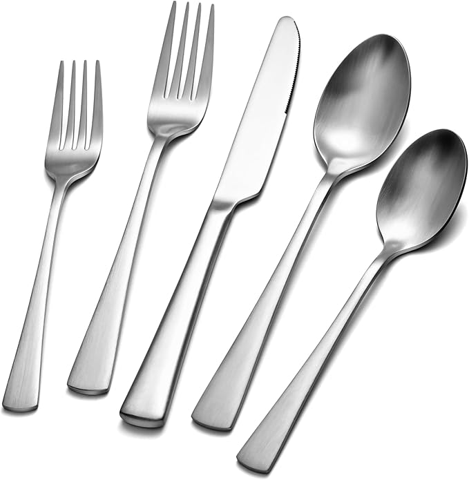 KINGSTONE 30-Piece Silverware Set, 18/10 Stainless Steel Flatware Set for 6, Matte Satin Finish Forged Cutlery Set Dishwasher Safe