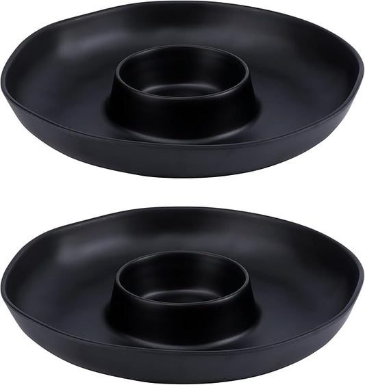Chip & Dip Serving Set, 2 PCS Divided Cheeses Serving Platter, Relish Tray, Round Compartment Appetizer Set for Chips and Dip, Veggies, Candy and Snacks, Black, Set of 2