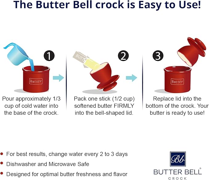 Butter Bell - The Original Butter Bell crock by L Tremain, a Countertop French Ceramic Butter Dish Keeper for Spreadable Butter, Café Retro & Petite White Gift Set