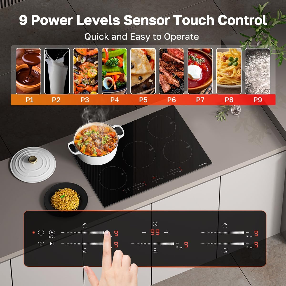ThermoMate 30 Inch Induction Cooktop, 9000W Built in Induction Stove Top, Electric Cooktop with 5 Boost Burner, 9 Heating Level, Timer & Child Safety Lock, Sensor Touch Control, 240V