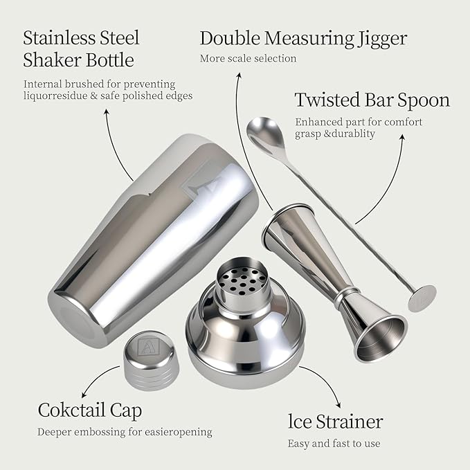 24oz Cocktail Shaker Set with 1 oz 2oz Jigger - Monogramm Initials Martini Shaker Set - 304 Stainless Steel Bar Shaker for Margarita,Mojito-Personalized Gift for Friend,Husband-A