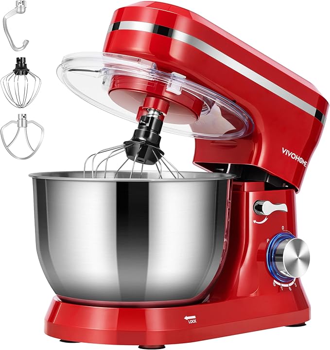 VIVOHOME 4.75 Quart Stand Mixer, 8 Speed Kitchen Electric Food Mixer, Household Stand Mixer for Baking, Cake, Bread with Beater, Dough Hook, Wire Whip and Egg Separator, Red