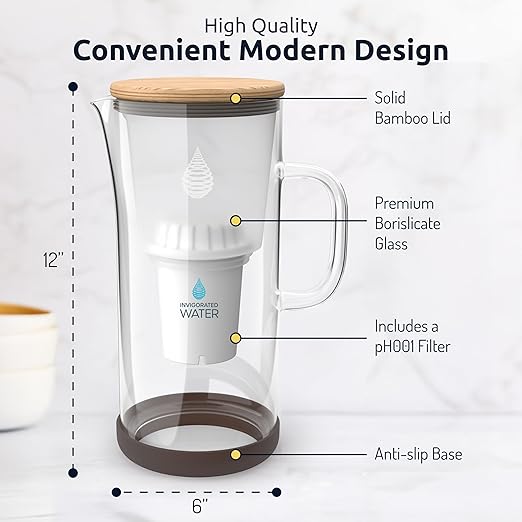 Invigorated Water pH Restore Glass Alkaline Water Pitcher - Long Lasting Water Filter Pitcher with Multi-Stage Filtration System - Glass Water Jug for High pH, Pure Drinking Water - 3.5 L / 118 Oz