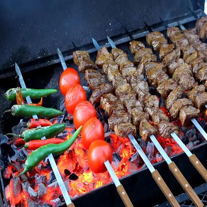 12 Pack Kebab Skewers 22 Inch Stainless Steel Grilling BBQ Skewer Reusable Barbecue Skewers Flat Stick with Wood Handle,Ideal for Koubideh Brazilian Chicken Shrimp Turkish Shish Kabob