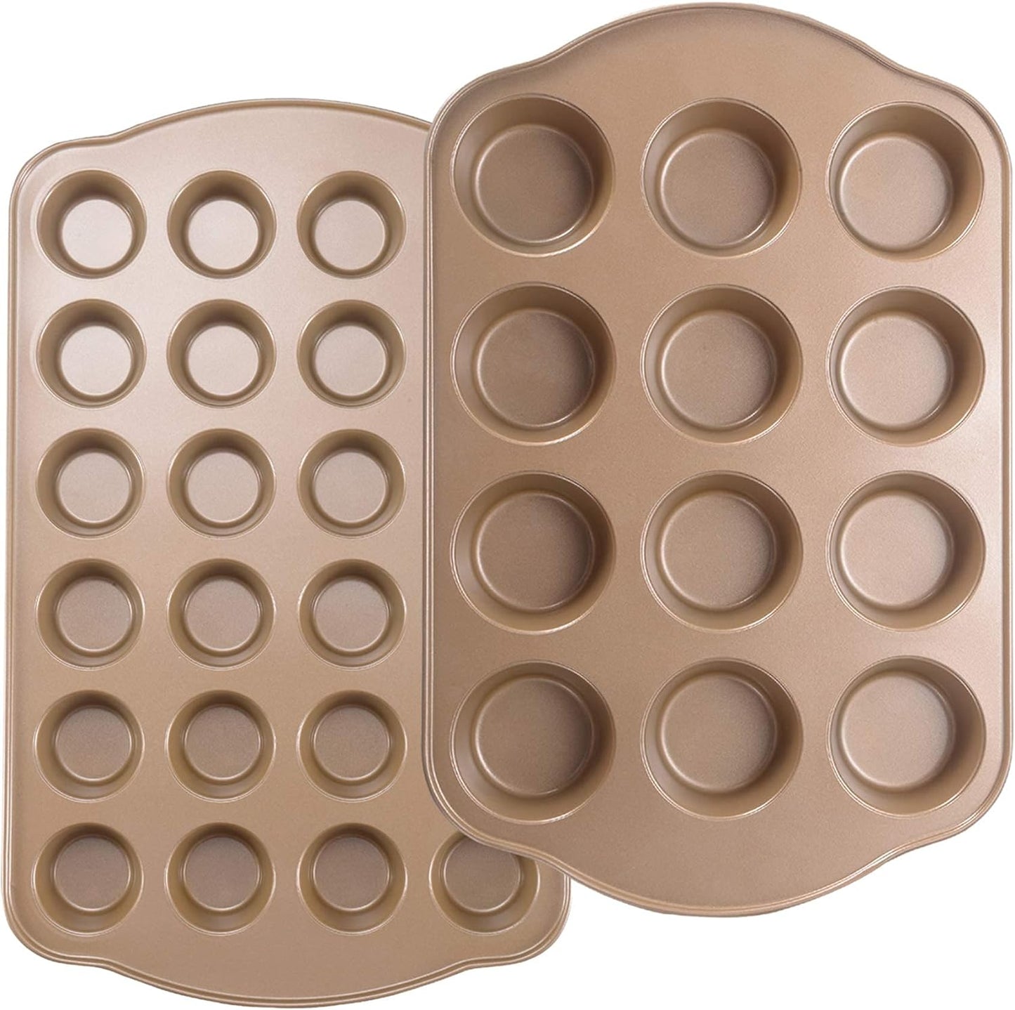 Nonstick Muffin & Cupcake Pan Set (2 Pack) - 12 Cup Regular + 24 Cup Mini Muffin Tins | Heavy Duty Gold Carbon Steel, Rust-Resistant, Easy Release