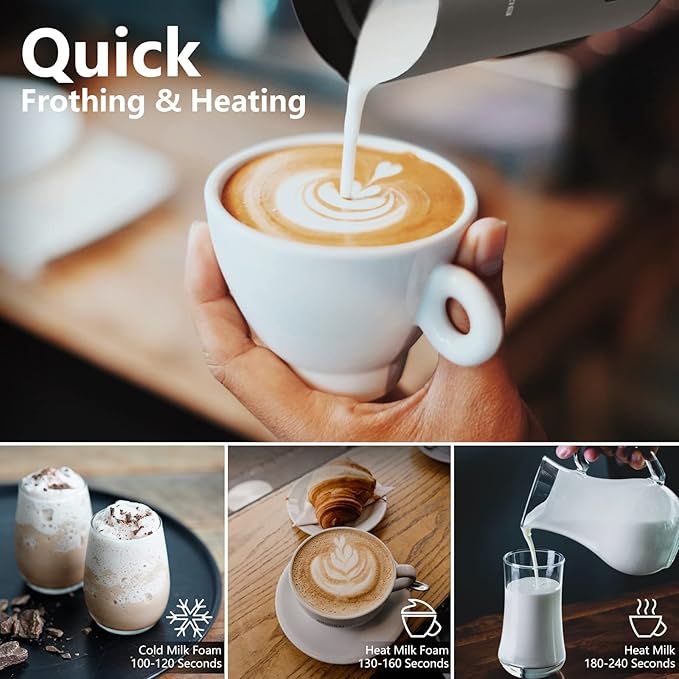 BIZEWO Milk Frother Electric, Warm and Cold Milk Steamer, 4 IN 1 Automatic Milk Warmer Stainless Steel with Touch Screen for Coffee, Latte, Macchiato, Cappuccino, Hot Chocolate