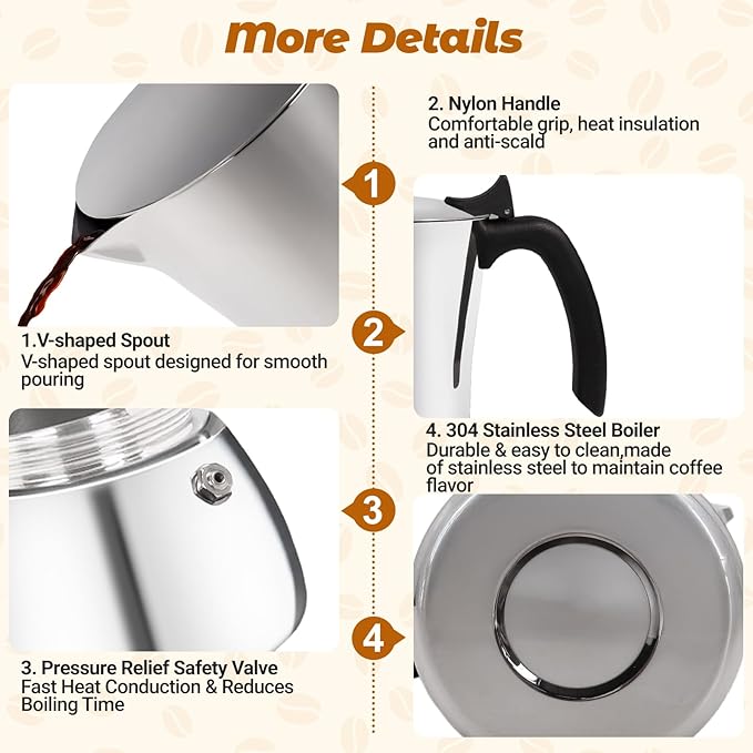 No Coating 6 Cup Thickened 304 Stainless Steel Moka Pot Stovetop Espresso Maker Italian Coffee Machine 300ml 10oz Suitable for Gas Induction Stovetop Greca Coffee Maker Percolator