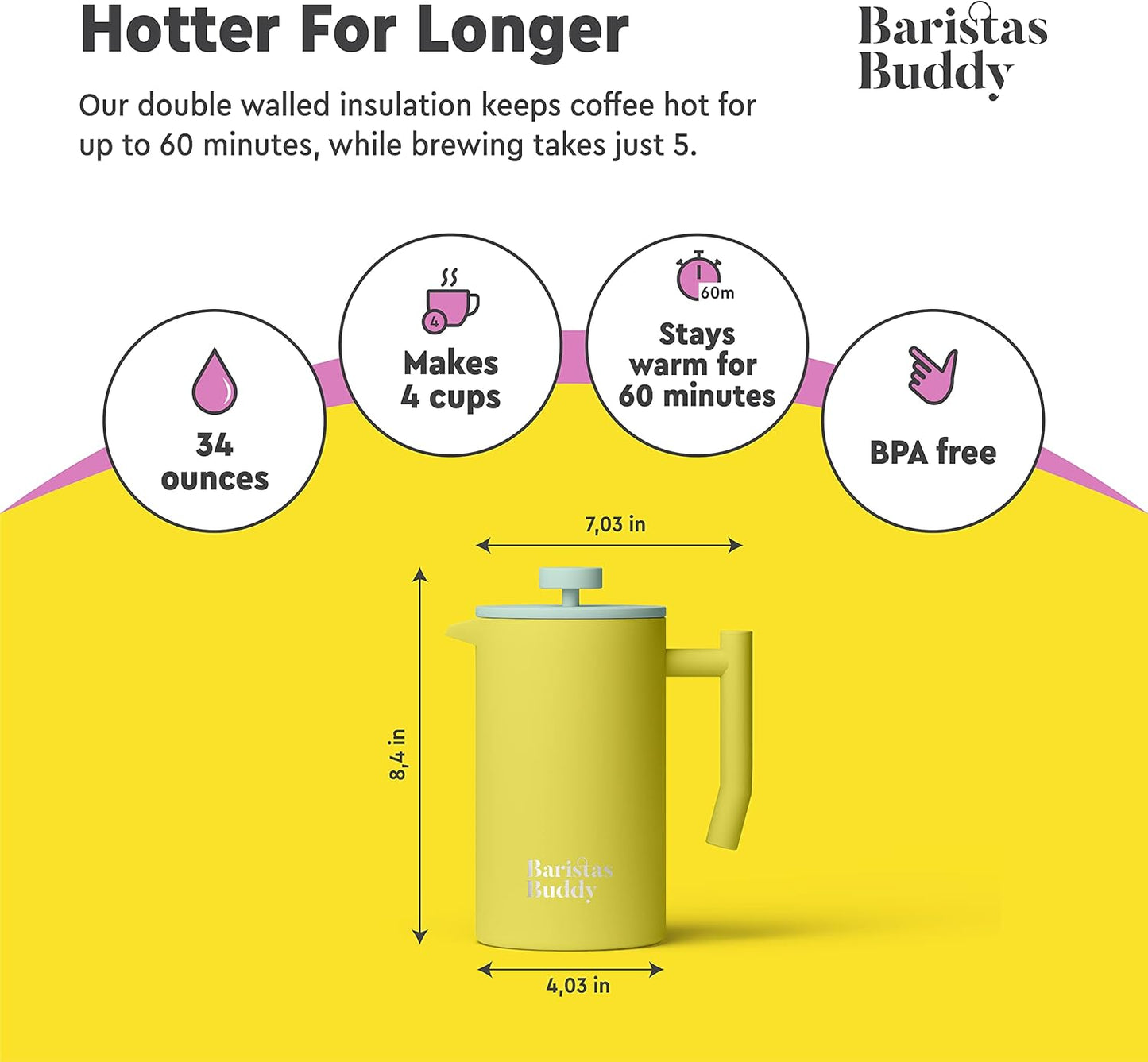 Yellow French Press Coffee Maker - Colorful, Retro And Stylish Insulated Coffee Brewer - Large Size Brews 4 Cups