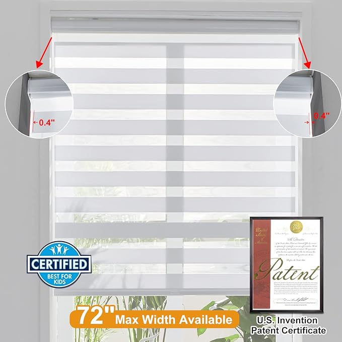 Persilux Cordless Zebra Roller Window Shades Free-Stop Roller Blinds (46" W X 47" H, White) Light Control for Day and Night, Light Filtering Sheer Roler Shades for Windows, Easy to Install