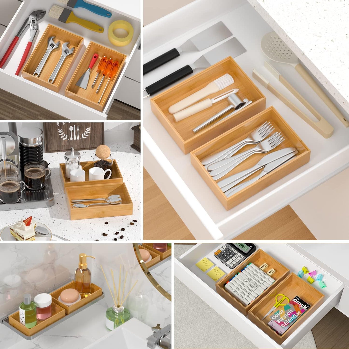 Silverware Tray for Drawer, Stackable Kitchen Bamboo Drawer Organizer 9" x 6" x 2" Set of 2