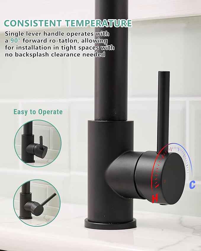 Fapully Black Kitchen Faucet with Pull Down Sprayer,Commercial LED Kitchen Faucet,Single Handle Single Hole Kitchen Sink Faucets
