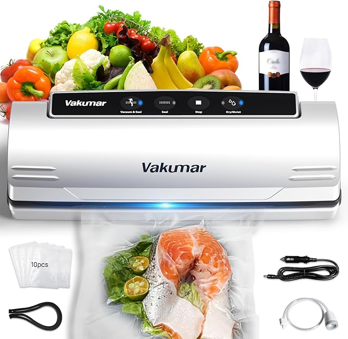 Upgraded Vacuum Sealer Machine for Food, 8 in 1 Food Sealer Vacuum Sealer with Powerful Suction, Dry & Moist Modes, Sous Vide Compatible, Included Car Charger(In-vehicle use)
