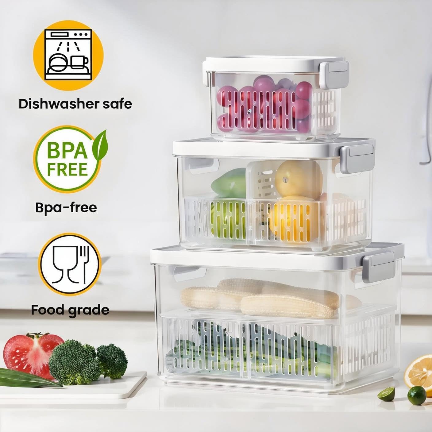 vacane 6 Pack Large Fruit Storage Containers for Fridge with Timing Knob, Produce Saver with Colanders, Lettuce Keeper Vegetable Food Fresh - Dishwasher Safe
