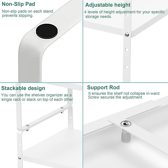 iPEGTOP Expandable Cabinet Storage Shelf Organizer Rack, Heavy Duty Cupboard Stand Spice Rack Adjustable Height Garage Pantry Shelf Space Riser for Counter Kitchen Organization, White, 2 Pack