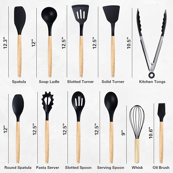 19 PCS Kitchen Cooking Utensils Set, 11 Pieces Silicone Cooking Utensils Set 6 Pieces Sharp Stainless Steel Black Knife Set with 1 Piece Cutting Board, Ideal for Apartment