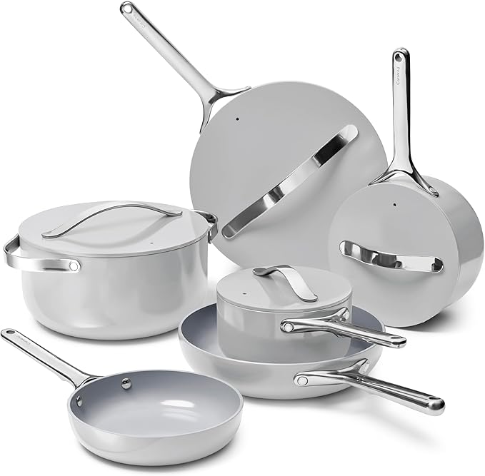 Caraway Deluxe Non-stick Ceramic Cookware Set (16 Piece) Pots, Frying Pans, Lids and Kitchen Storage - PFAS & PFOA Free - Oven Safe Pan Set & Compatible with All Stovetops - Gray