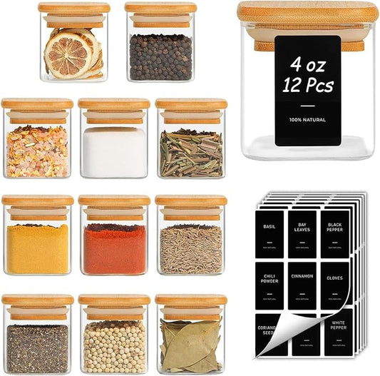 ComSaf 12Pcs Spice Jars with Labels, Glass Jar with Bamboo Lid, 4oz Airtight Square Spice Containers with Black Lables, Empty Seasoning Jars for Spice, Salt, Pepper, Sugar