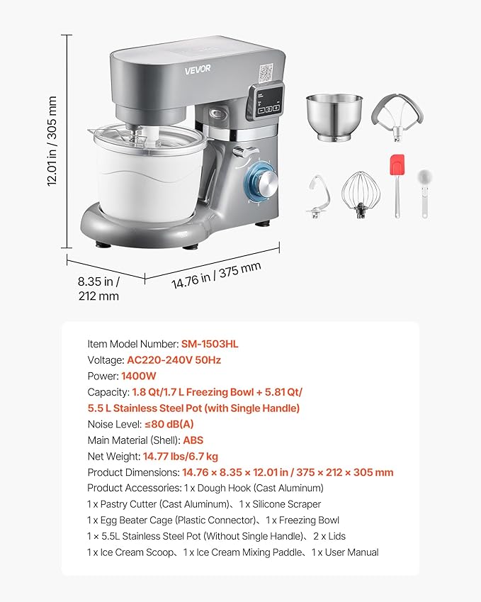 VEVOR Ice Cream Maker, 1.8 Qt. Capacity, 6-Speed Electric Stand Mixer, with LED Digital Display & Timer, Mixing Paddle, Dough Hook, Splash Guard, for Homemade Frozen Yogurt Fruit Sorbet Gelato, Grey