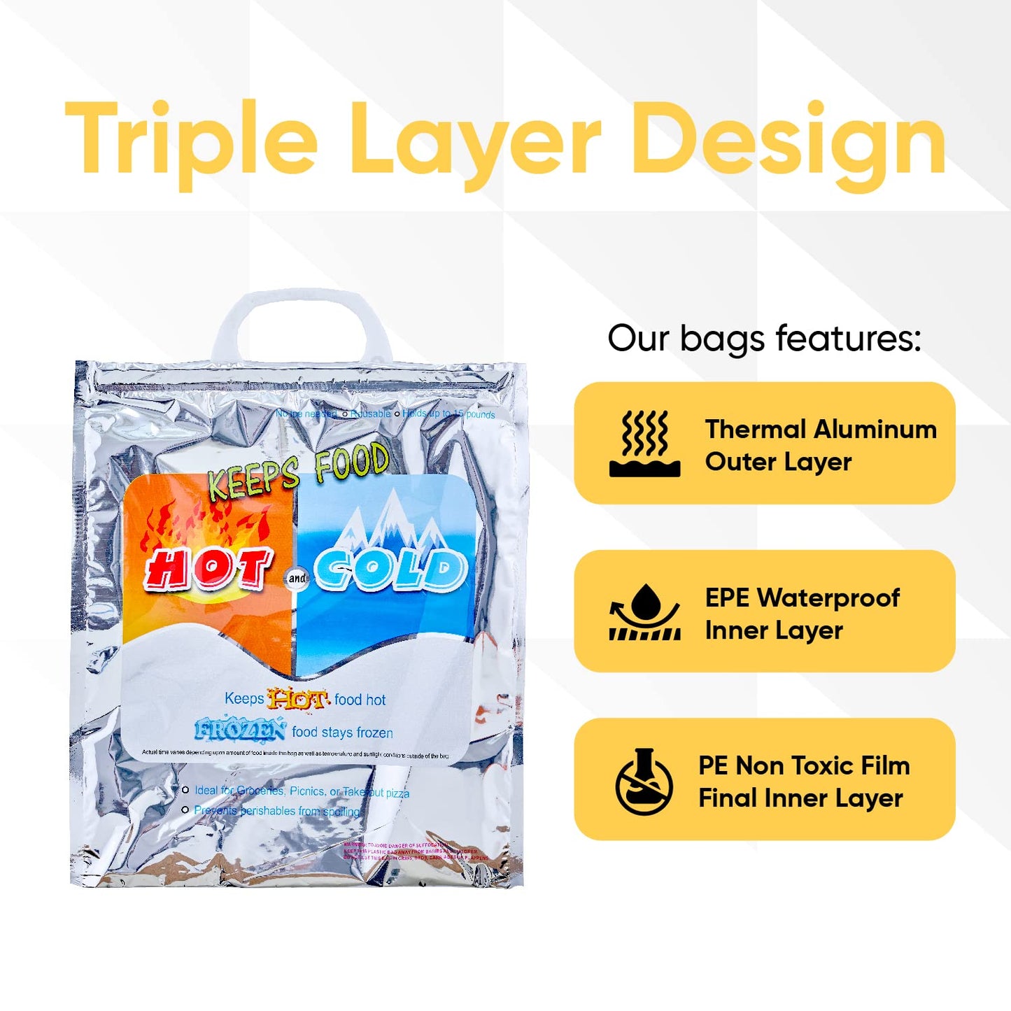 Superio Hot and Cold Insulated Bags for Food Delivery, Grocery Shopping Bags, Food Storage for Hot and Frozen Food for Travel, Disposable Cooler Bag, Reinforced Thermal Lunch Bag (6, 12"x13.5")