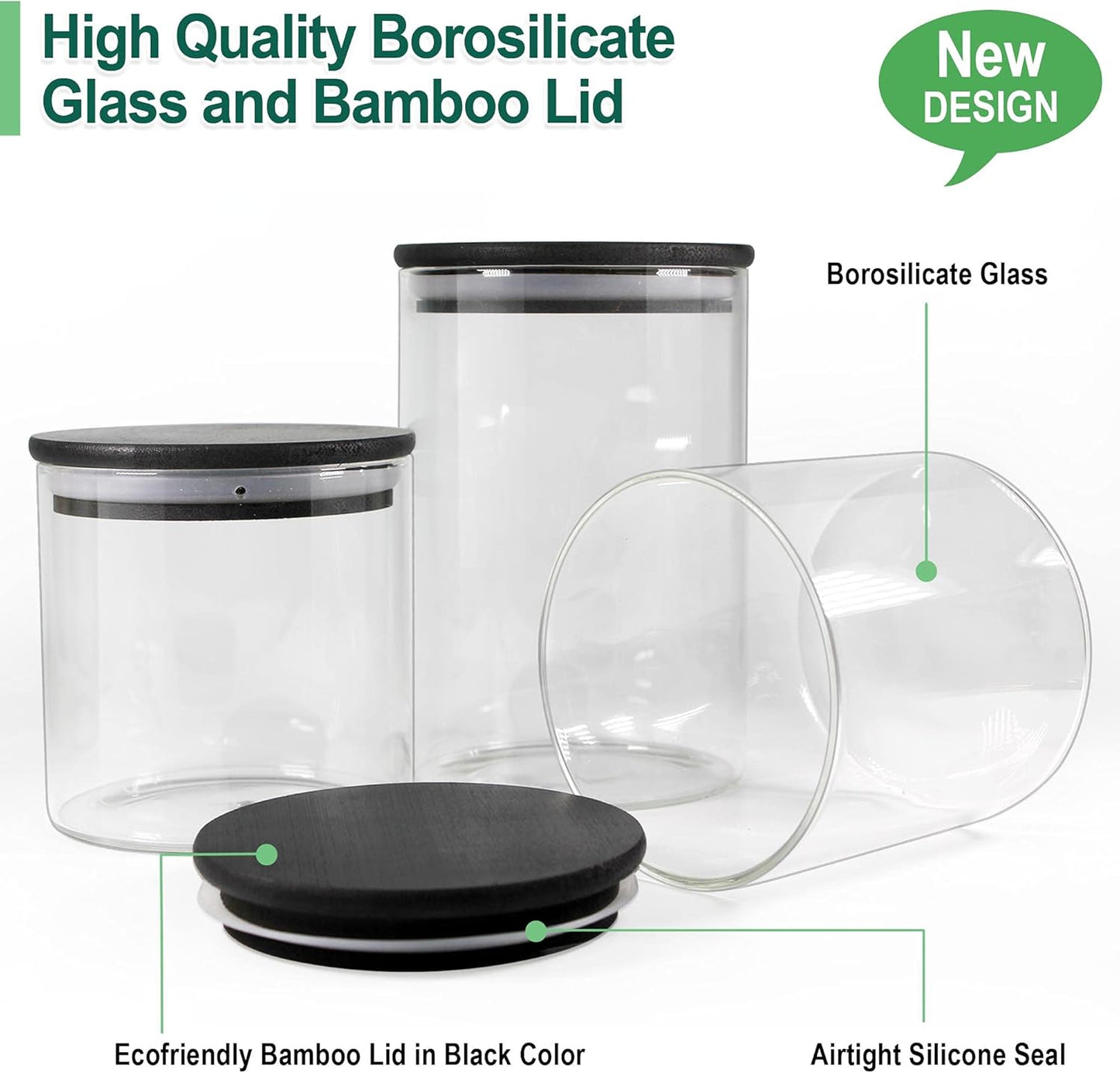 Urban Green Glass Jars with Black Lids, Glass Food Storage Canister with black lids, Pantry Flour Jars, Large Size Food Storage Containers set (2 Sets of 100oz)