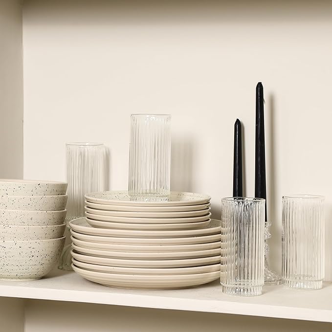 Stone Lain Dua 16-Piece Dinnerware Set Stoneware, Borosilicate Glass, White