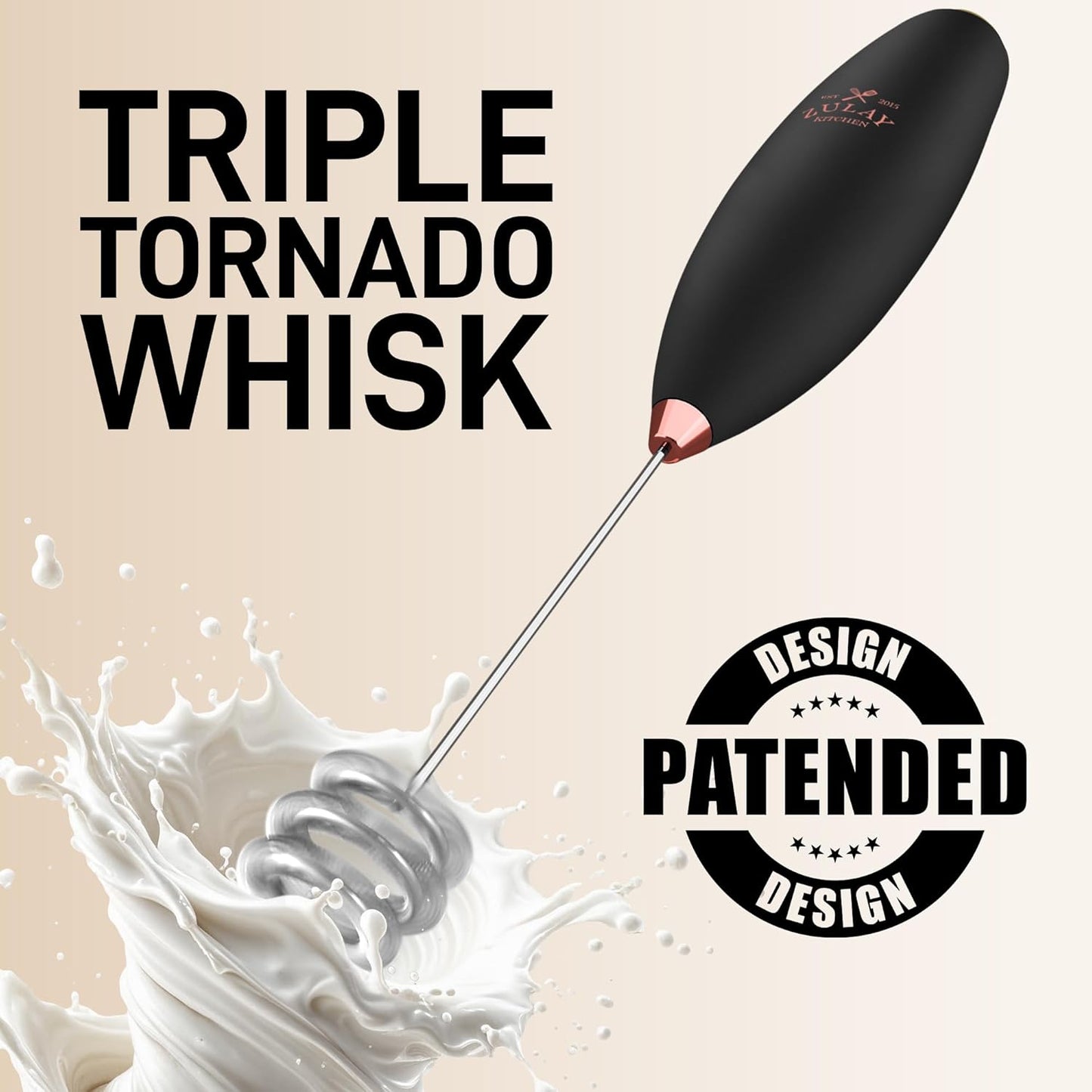 Zulay Kitchen Patented Tornado Triple Whisk Milk Frother with 4 Duracell Batteries – Handheld Foam Maker for Coffee, Lattes, Matcha & Hot Chocolate – Rich, Creamy Froth in Seconds