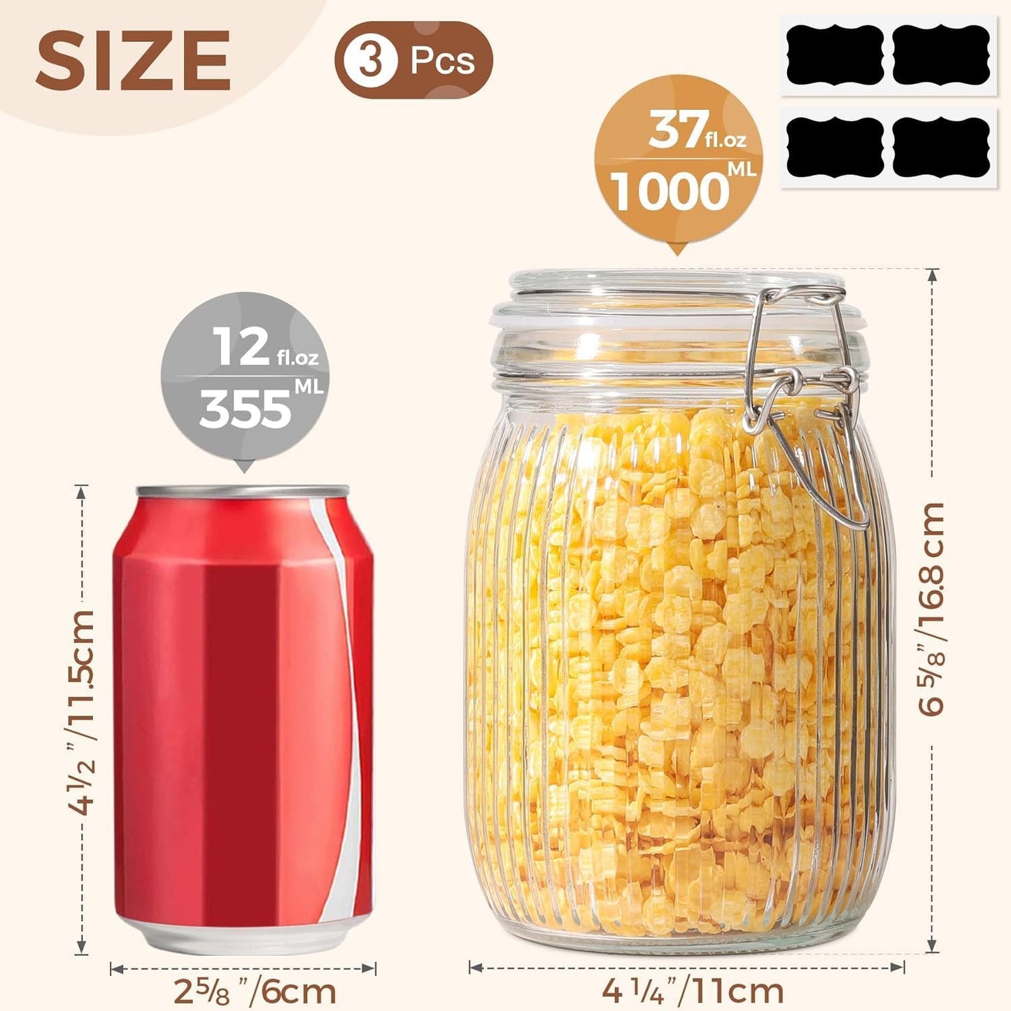 ComSaf Airtight Glass jar with lid 37oz Set of 3, Glass Storage Containers with Lids, Glass Canisters, Striped Clip Fastening Jar for Kitchen Canning, Tea, Pasta, Sugar, Beans, Cookie, Jam, Oat