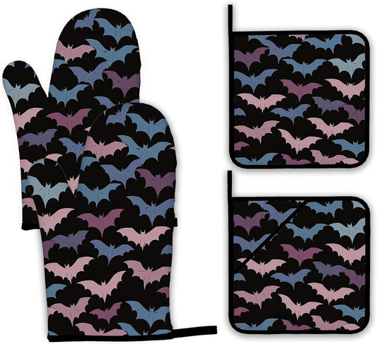 Colorful Bats Oven Mitts and Pot Holders Set,Kitchen Oven Gloves and Pot Holder with Heat Resistant Non Slip for Cooking Baking Grilling(4 Piece Set)
