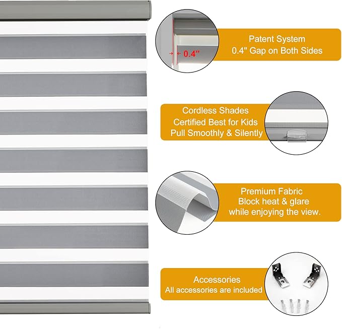 Persilux Zebra Shades Free Stop Roller Shades for Windows (45" W x 72" H, Grey) Cordless Dual Layer Window Treatments Room Darkening Roller Blinds for Home, Office, Kitchen…