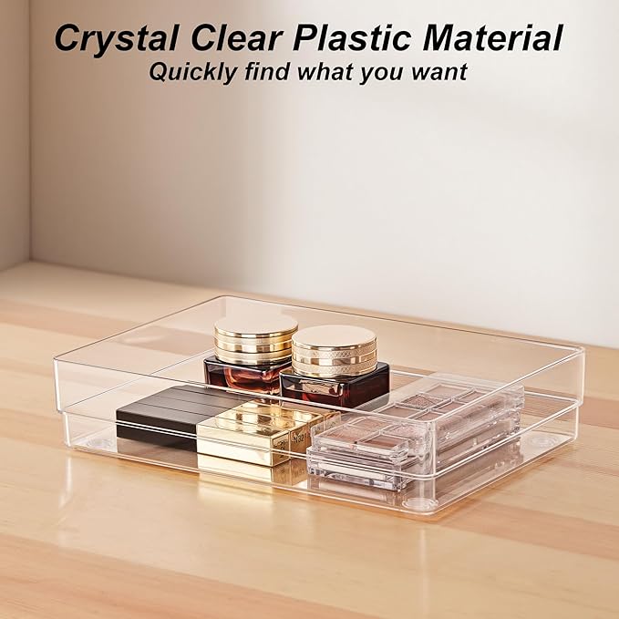 SMARTAKE 7-Piece Drawer Organizer with Non-Slip Silicone Pads, 4-Size Desk Drawer Organizer Trays Storage Tray for Makeup, Jewelries, Utensils in Bedroom Dresser, Office and Kitchen (Clear)