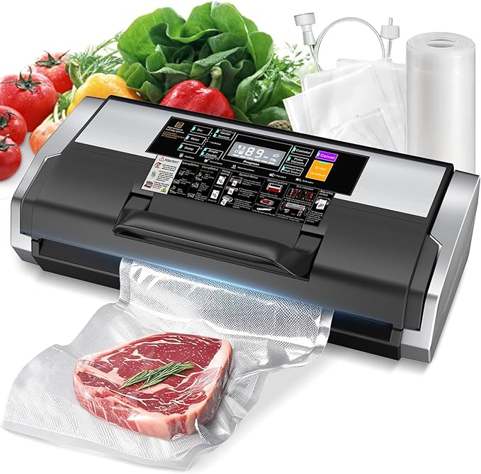 95kPa Vacuum Sealer Commercial Automatic Food Vacuum Sealer, 10-in-1 System, Auto Pop-Up Cover, Double Heat Seal, Easy-Lock Handle, Built-In Cutter with 1 Roll & 15 Bags, Black Silver