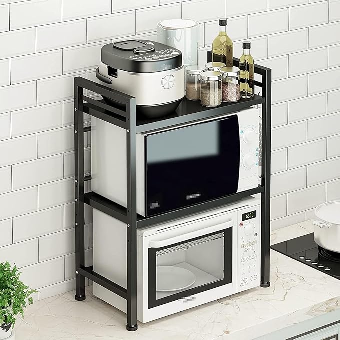DOLALIKE Expandable Microwave Rack, Countertop Kitchen Utensils Tableware Storage, Carbon Steel 3 Tier Shelf with 3 Hooks
