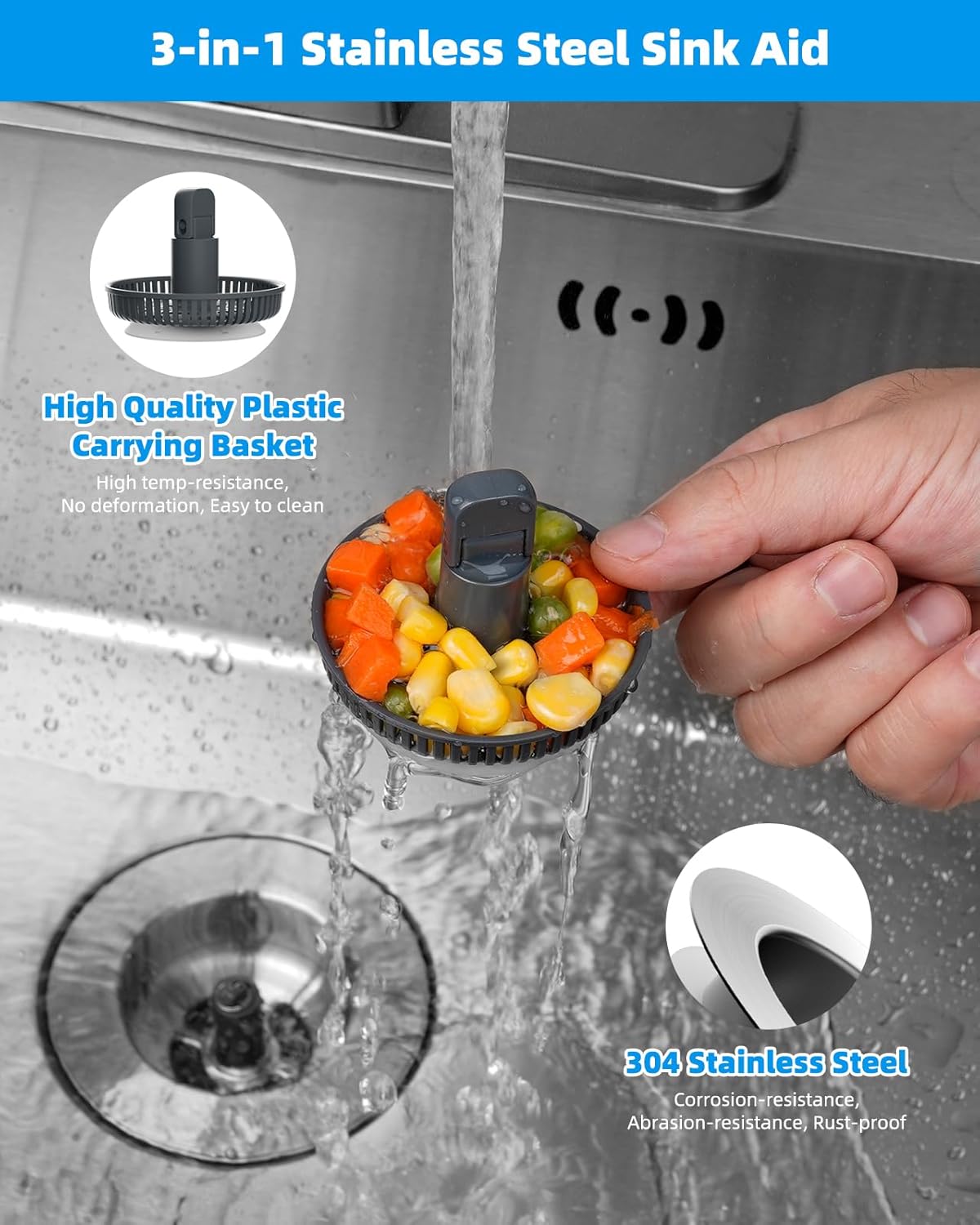 Hibbent Upgraded 3 in 1 Kitchen Sink Drain Strainer and Stopper Combo, Stainless Steel Metal Pop Up Sink Stopper, Anti-Clogging Basket with Foldable Handle for US Standard 3-1/2 Inch Drain