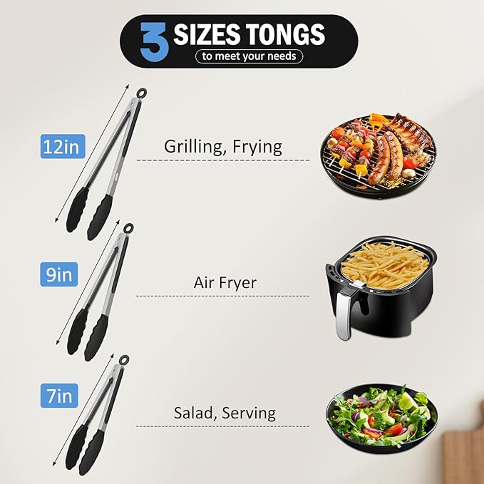 Kitchen Tongs, Set of 3 Stainless Steel Tongs with Silicone Tips Locking Cooking Tongs 600ºF Heat Resistant Tong for Cooking BBQ Grilling Air Fryer Serving Food Salads, 7"+9"+12" Black