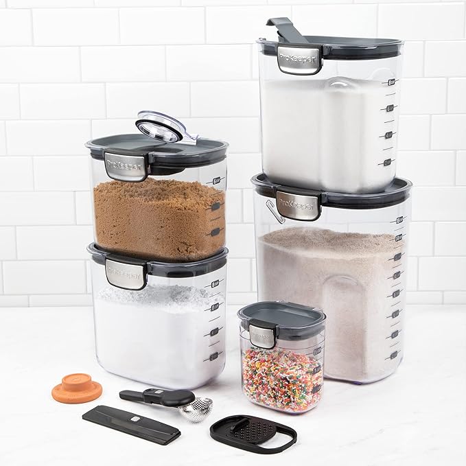 ProKeeper+ 9-Piece Airtight Food Storage Container Set – Clear Plastic Flour and Sugar Canister Set with Magnetic Accessories for Kitchen Organization (Grey, 9-Piece)
