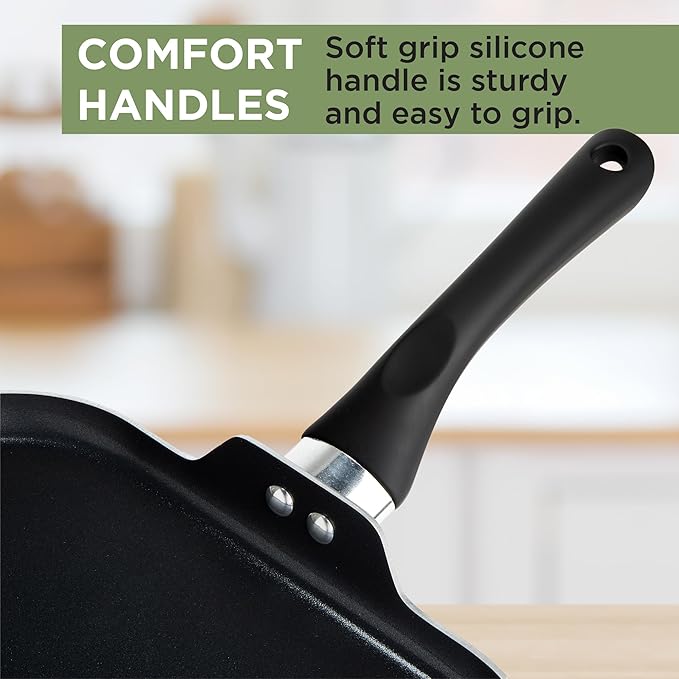 Ecolution Artistry Nonstick Square Griddle, Easy To Clean, Comfortable Handle, Even Heating, Dishwasher Safe Pots and Pans, 11-Inch, Black