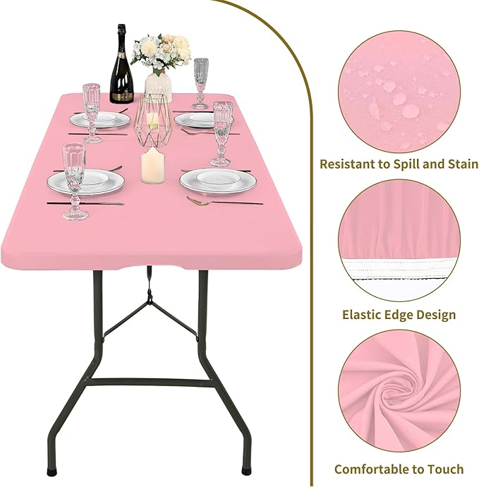6 Pack Fitted Tablecloth for 6 Foot Rectangle Tables, Pink Elastic Outdoor Picnic Table Cover, Washable Stretch Folding Table Cloths 6 ft for Camping Party Patio Kitchen Banquet, 30" W x 72" L