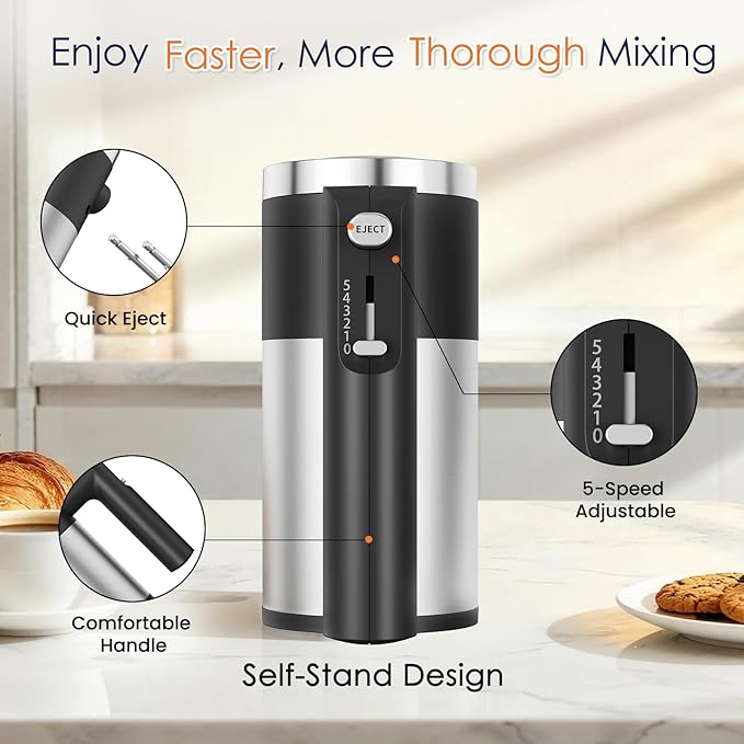 Powerful 600W Hand Mixer, 5-Speed Electric Hand Held Mixer for Baking, Lightweight Stainless Steel Hand Beaters *2 & Dough Hooks*2 with Eject Button, Kitchen Mixer for Cream, Cookies, Dough-Black