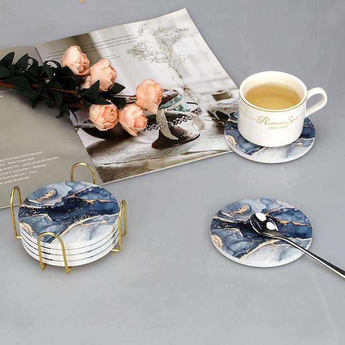 Coasters Set of 6, Navy Blue Marble Abstract Round Ceramic Coasters with Holder, Best Absorbent Drink Coaster Set, Coffee Table Decor for Home Decor House Warming Gifts New Home