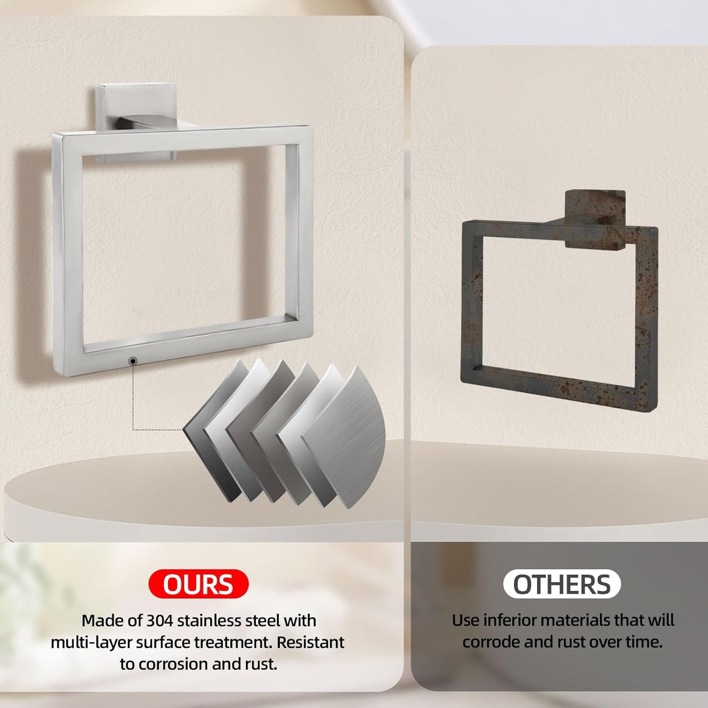 2-Piece Brushed Nickel Square Towel Ring,Modern Hand Towel Holder for Bathroom,SUS304 Stainless Steel Towel Hangers Wall-Mounted
