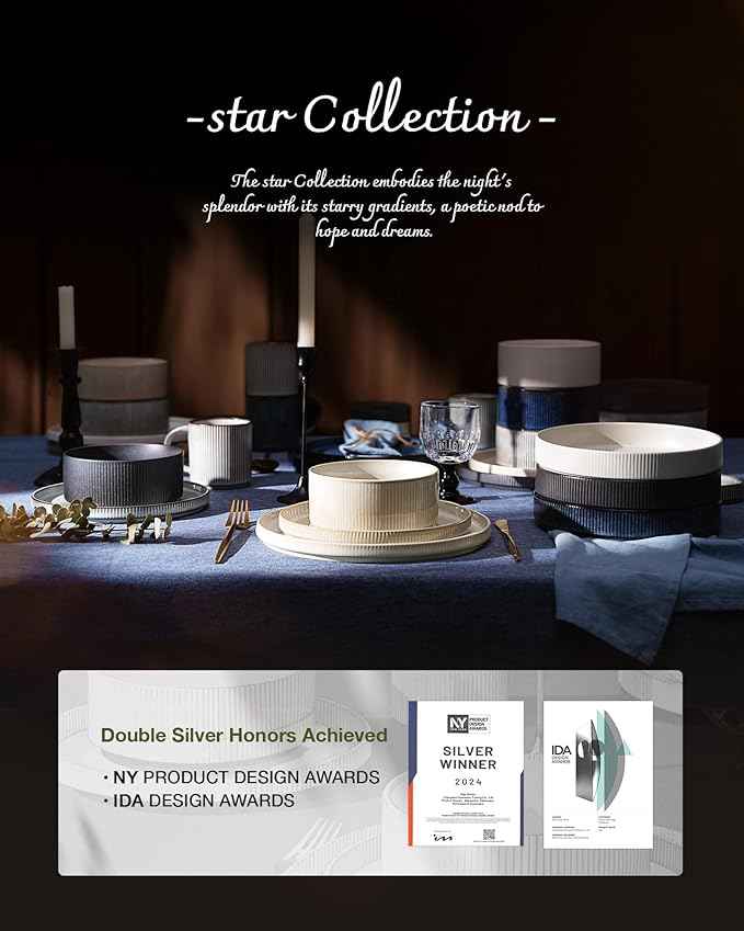 Famiware Star Dinnerware Set, Plates and Bowls Sets for 4 (12pcs), Ribbed Stoneware Dishes - Chip & Scratch Resistant, Microwave & Dishwasher Safe, Matte Sage Green