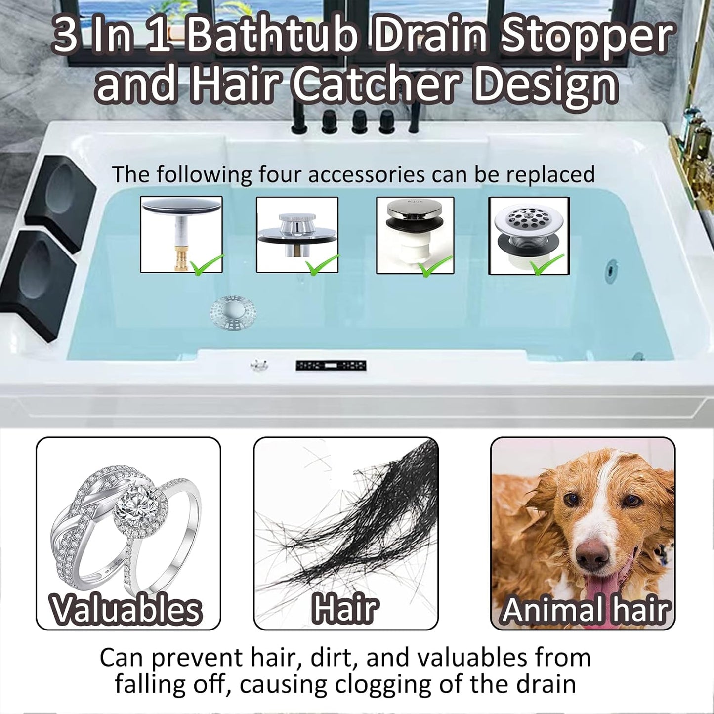 Universal Tub Stopper Bathtub Drain Plug, Pop Up Tub Drain Hair Catcher, Drain Cover with Strainer, for 1-3/8 to 2in Bath Drain Hole