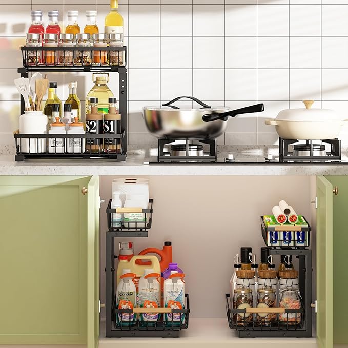 REALINN Under Sink Organizer, 2 Pack Height Adjustable Under Sink Organizers and Storage, 2 Tier Pull Out Drawer Cabinet Storage for Kitchen Bathroom
